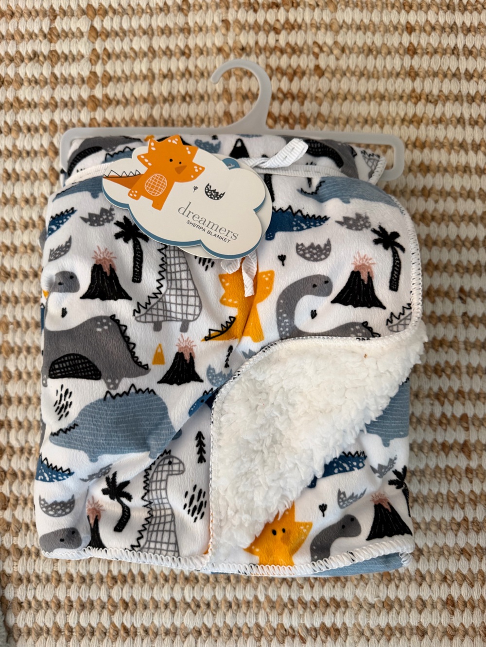 NWT Dreamers Dinosaur Sherpa Blanket - Gray, Blue & Yellow